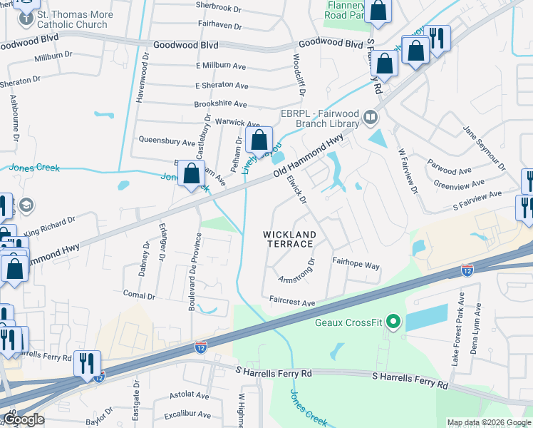 map of restaurants, bars, coffee shops, grocery stores, and more near 12245 Elva Drive in Baton Rouge