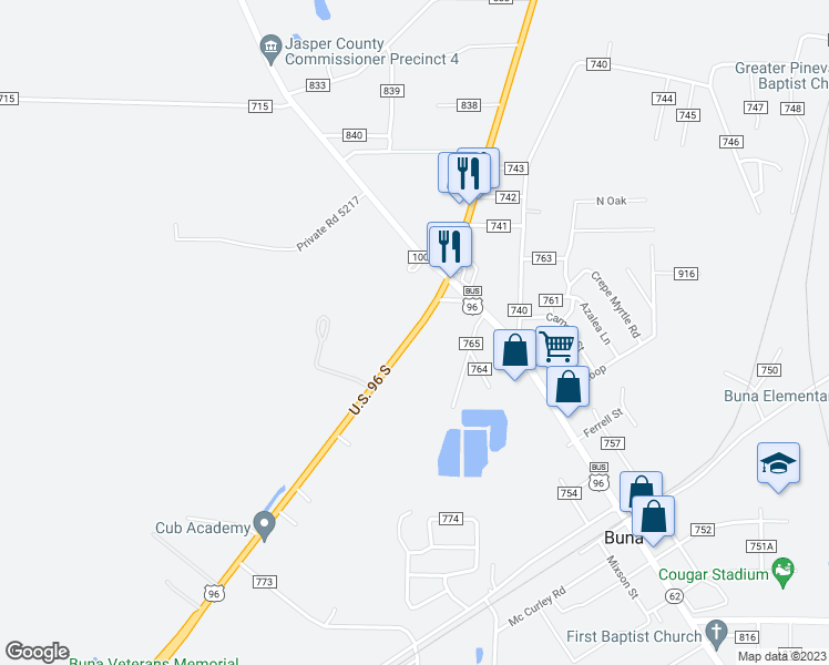 map of restaurants, bars, coffee shops, grocery stores, and more near U.S. 96 South in Buna