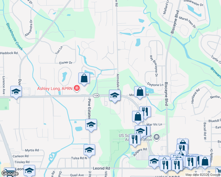map of restaurants, bars, coffee shops, grocery stores, and more near 2134 Major Oak Street in Jacksonville