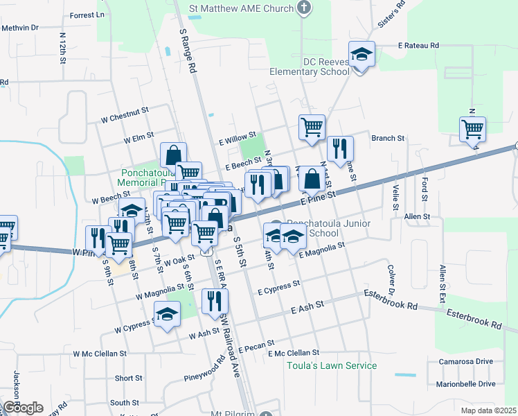 map of restaurants, bars, coffee shops, grocery stores, and more near 300 East Pine Street in Ponchatoula