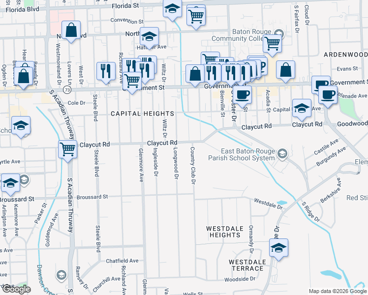 map of restaurants, bars, coffee shops, grocery stores, and more near 4528 Claycut Road in Baton Rouge
