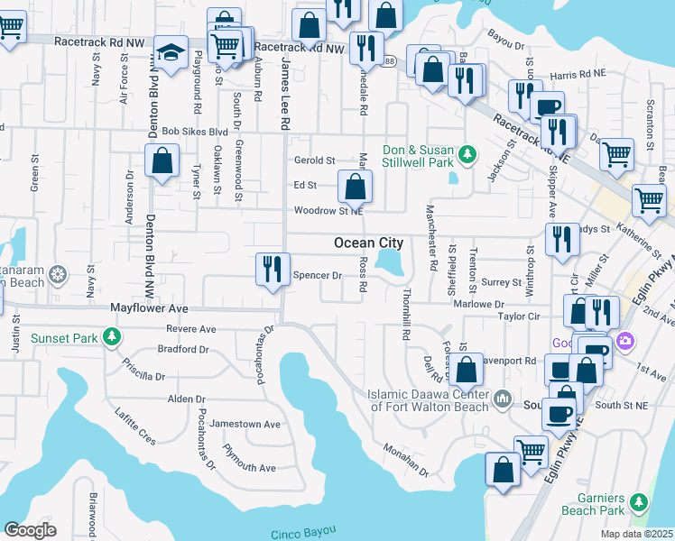 map of restaurants, bars, coffee shops, grocery stores, and more near 223 Spencer Drive in Fort Walton Beach