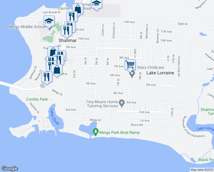 map of restaurants, bars, coffee shops, grocery stores, and more near 855 Ashland Court in Shalimar