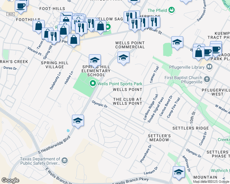 map of restaurants, bars, coffee shops, grocery stores, and more near 811 Champions Point Drive in Pflugerville
