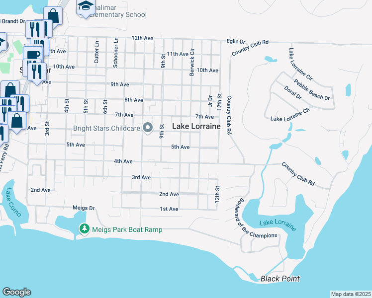 map of restaurants, bars, coffee shops, grocery stores, and more near 118 5th Avenue in Shalimar