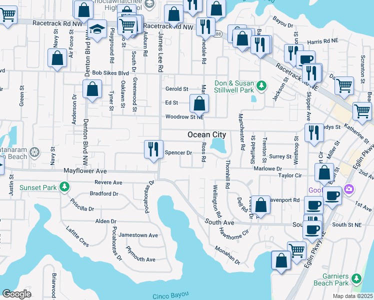map of restaurants, bars, coffee shops, grocery stores, and more near 218 Spencer Drive in Fort Walton Beach