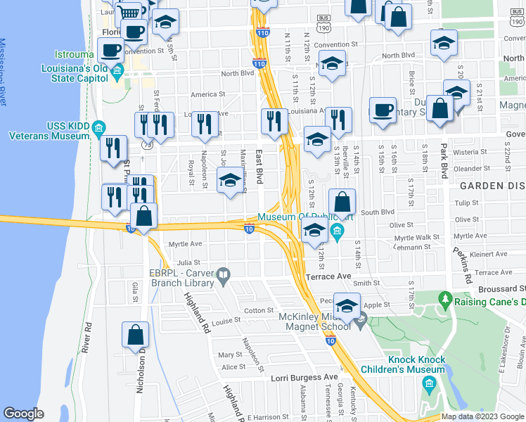 map of restaurants, bars, coffee shops, grocery stores, and more near 867 East Boulevard in Baton Rouge