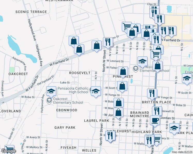 map of restaurants, bars, coffee shops, grocery stores, and more near 2971 West Cross Street in Pensacola