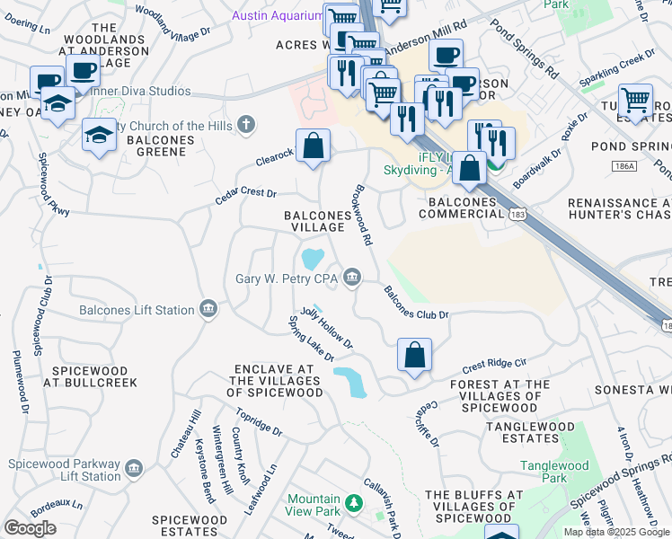 map of restaurants, bars, coffee shops, grocery stores, and more near 9011 Mountain Lake Circle in Austin
