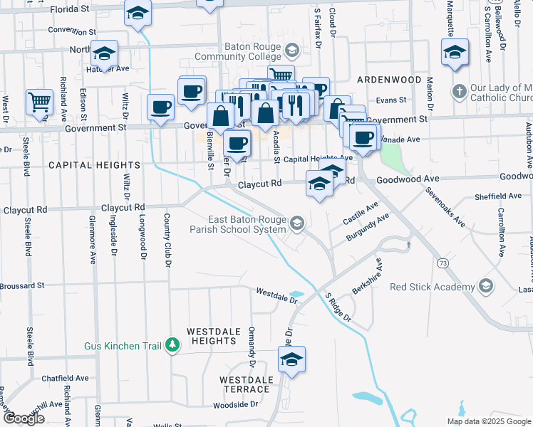 map of restaurants, bars, coffee shops, grocery stores, and more near 950 South Foster Drive in Baton Rouge