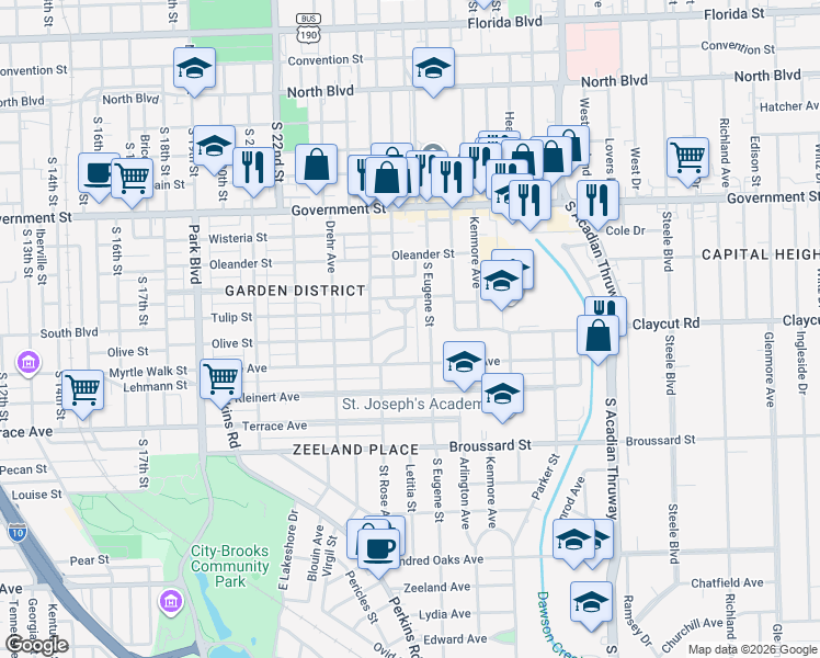 map of restaurants, bars, coffee shops, grocery stores, and more near 1004 Rittiner Drive in Baton Rouge