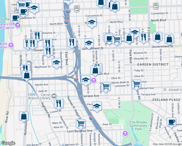 map of restaurants, bars, coffee shops, grocery stores, and more near 1216 South Boulevard in Baton Rouge