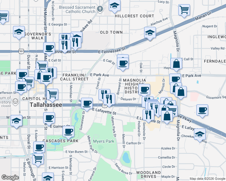 map of restaurants, bars, coffee shops, grocery stores, and more near 725 East Jefferson Street in Tallahassee