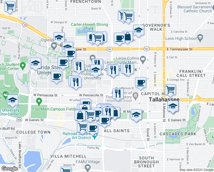 map of restaurants, bars, coffee shops, grocery stores, and more near 519 West Jefferson Street in Tallahassee