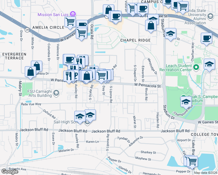 map of restaurants, bars, coffee shops, grocery stores, and more near 227 Day Street in Tallahassee