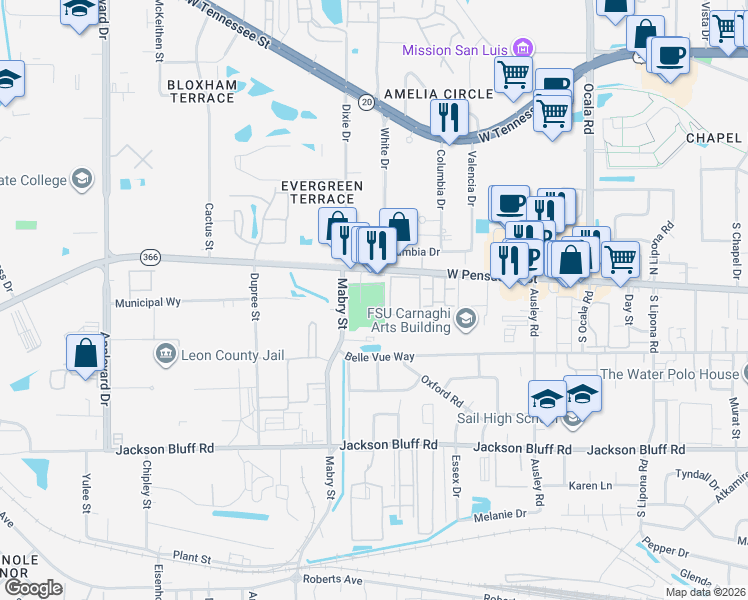 map of restaurants, bars, coffee shops, grocery stores, and more near in Tallahassee