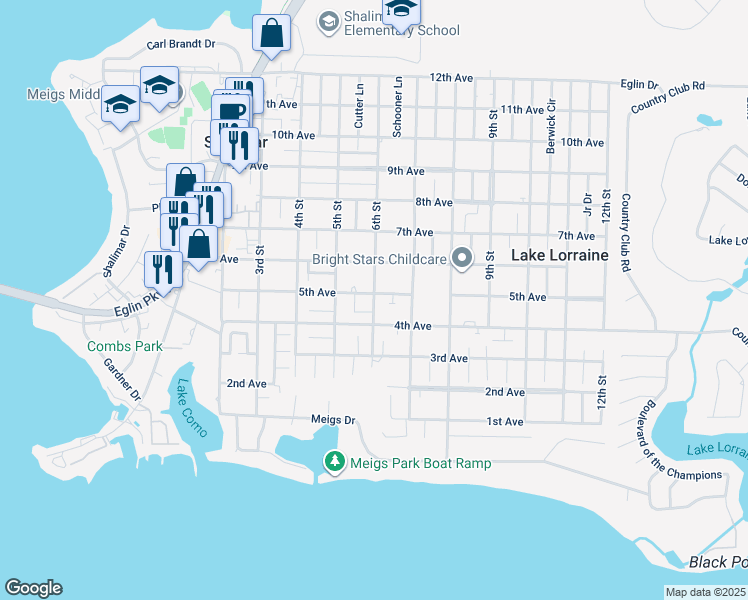 map of restaurants, bars, coffee shops, grocery stores, and more near 855 Ashland Court in Shalimar
