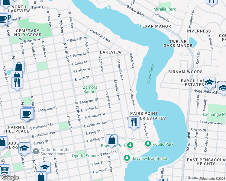 map of restaurants, bars, coffee shops, grocery stores, and more near 2000 East Maxwell Street in Pensacola
