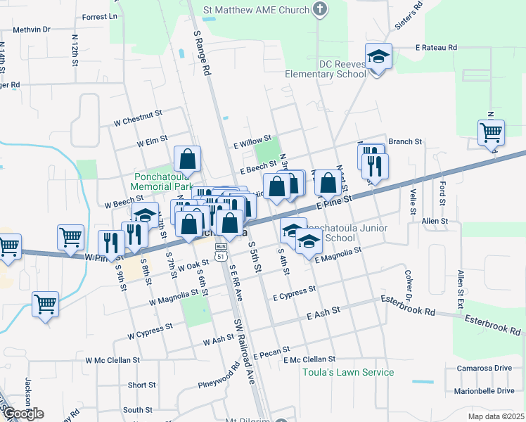 map of restaurants, bars, coffee shops, grocery stores, and more near 300 East Pine Street in Ponchatoula