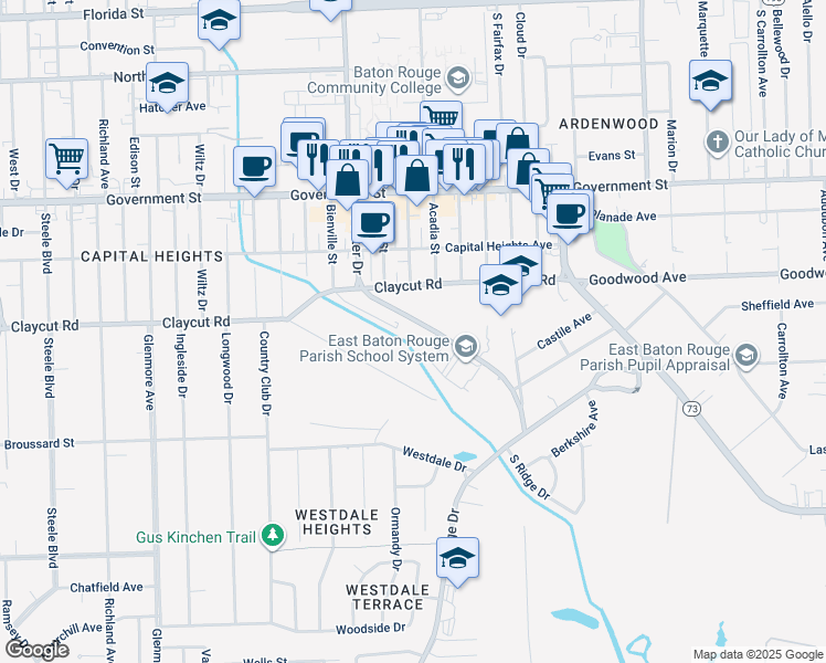 map of restaurants, bars, coffee shops, grocery stores, and more near 5141 Greenside Lane in Baton Rouge