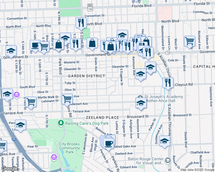 map of restaurants, bars, coffee shops, grocery stores, and more near 2352 Olive Street in Baton Rouge