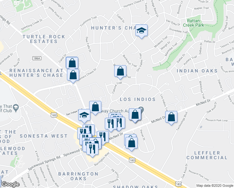 map of restaurants, bars, coffee shops, grocery stores, and more near 7807 Chimayo Cove in Austin