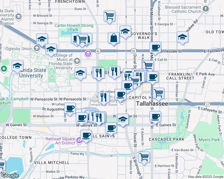 map of restaurants, bars, coffee shops, grocery stores, and more near 412 West Jefferson Street in Tallahassee