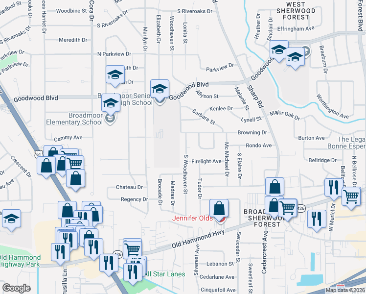 map of restaurants, bars, coffee shops, grocery stores, and more near 1470 South Woodhaven Street in Baton Rouge