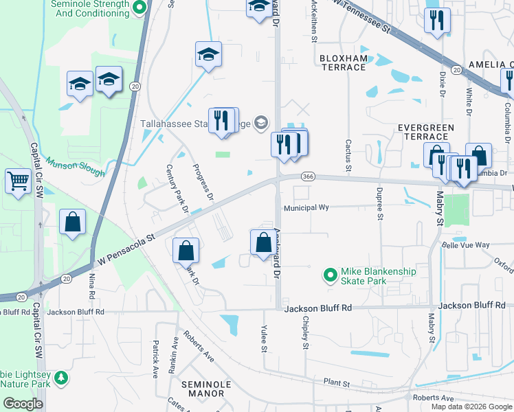 map of restaurants, bars, coffee shops, grocery stores, and more near 3333 West Pensacola Street in Tallahassee