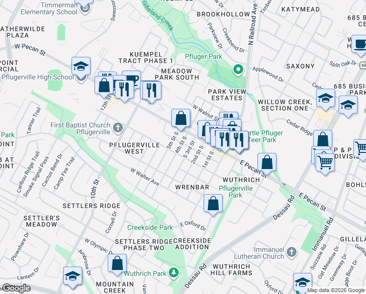 map of restaurants, bars, coffee shops, grocery stores, and more near 203 West Hall Street in Pflugerville