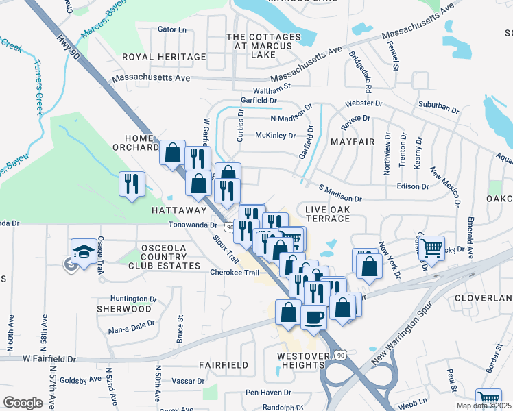 map of restaurants, bars, coffee shops, grocery stores, and more near 4706 Ivy Lane in Pensacola