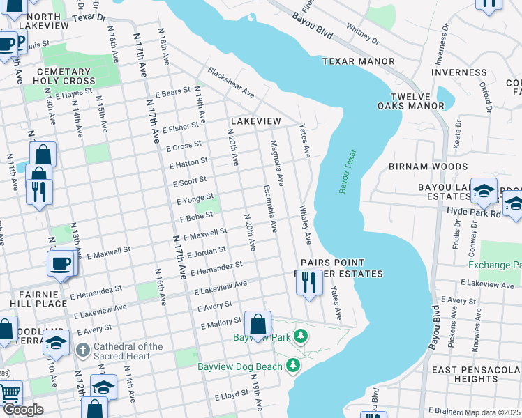 map of restaurants, bars, coffee shops, grocery stores, and more near 2000 East Maxwell Street in Pensacola