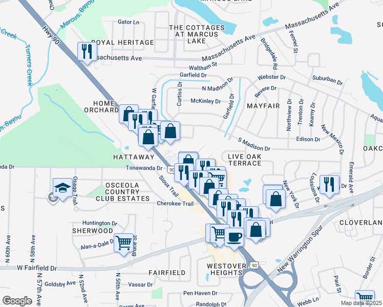 map of restaurants, bars, coffee shops, grocery stores, and more near 4706 Ivy Lane in Pensacola