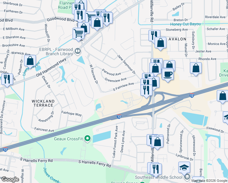 map of restaurants, bars, coffee shops, grocery stores, and more near 13360 South Fairview Avenue in Baton Rouge