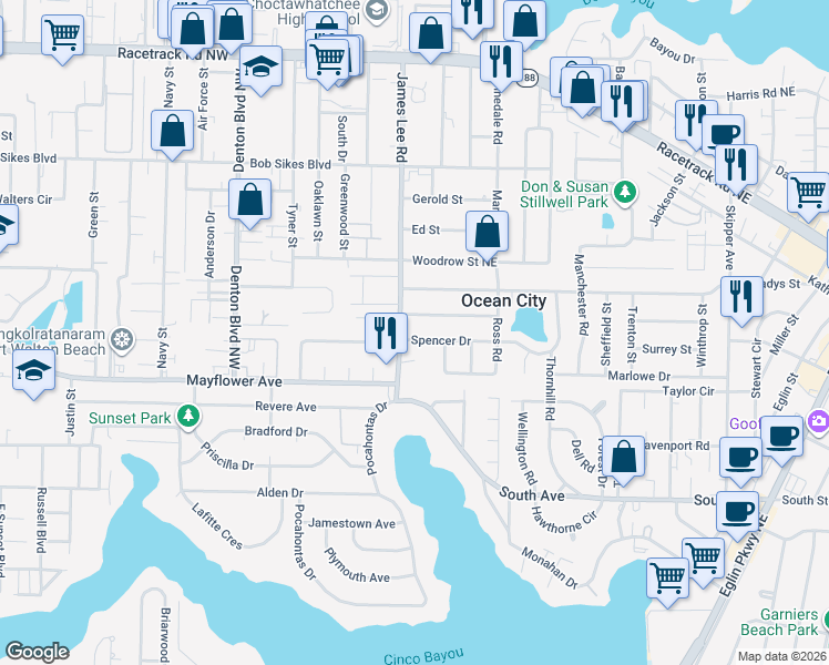 map of restaurants, bars, coffee shops, grocery stores, and more near 201 Spencer Drive in Fort Walton Beach