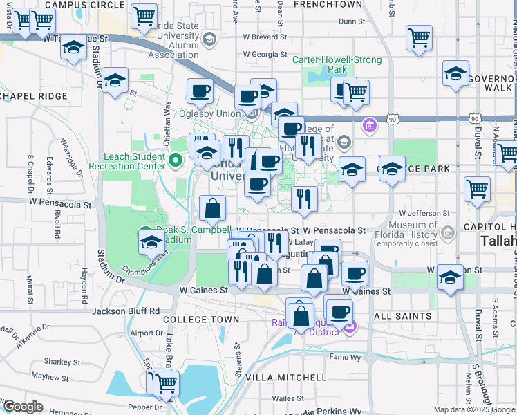 map of restaurants, bars, coffee shops, grocery stores, and more near 824 West Jefferson Street in Tallahassee