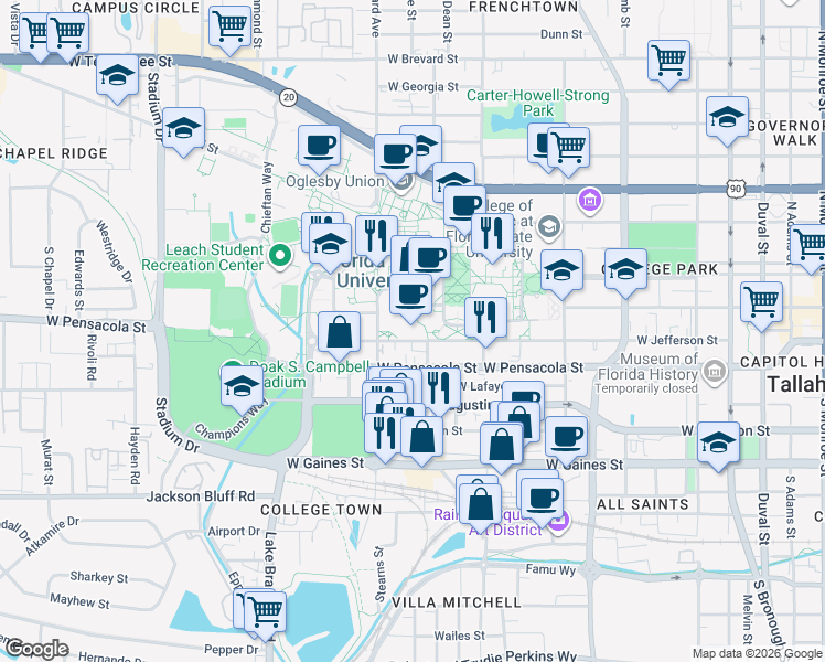map of restaurants, bars, coffee shops, grocery stores, and more near 824 West Jefferson Street in Tallahassee