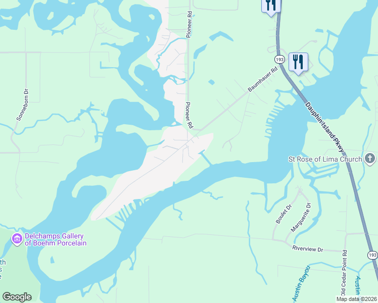 map of restaurants, bars, coffee shops, grocery stores, and more near 3615 Bebee Point Drive in Theodore