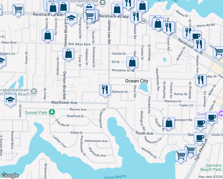 map of restaurants, bars, coffee shops, grocery stores, and more near 201 Spencer Drive in Fort Walton Beach