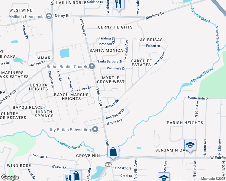 map of restaurants, bars, coffee shops, grocery stores, and more near 7145 Pearson Road in Pensacola
