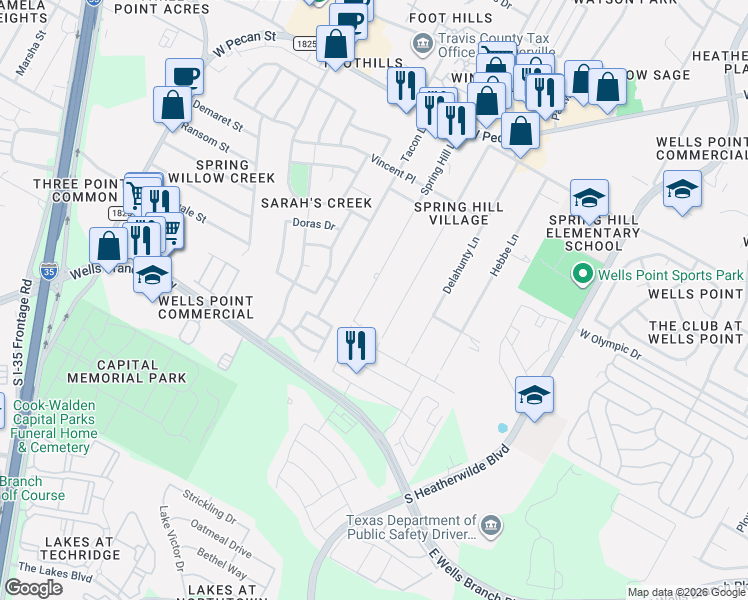 map of restaurants, bars, coffee shops, grocery stores, and more near 15107 Spring Hill Lane in Pflugerville