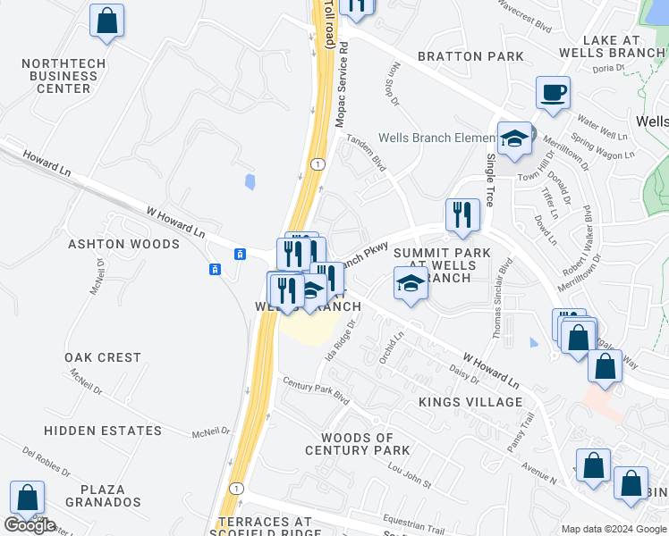map of restaurants, bars, coffee shops, grocery stores, and more near 3307 Wells Branch Parkway in Austin