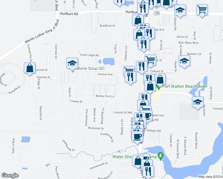 map of restaurants, bars, coffee shops, grocery stores, and more near 1705 Cartier Place in Fort Walton Beach