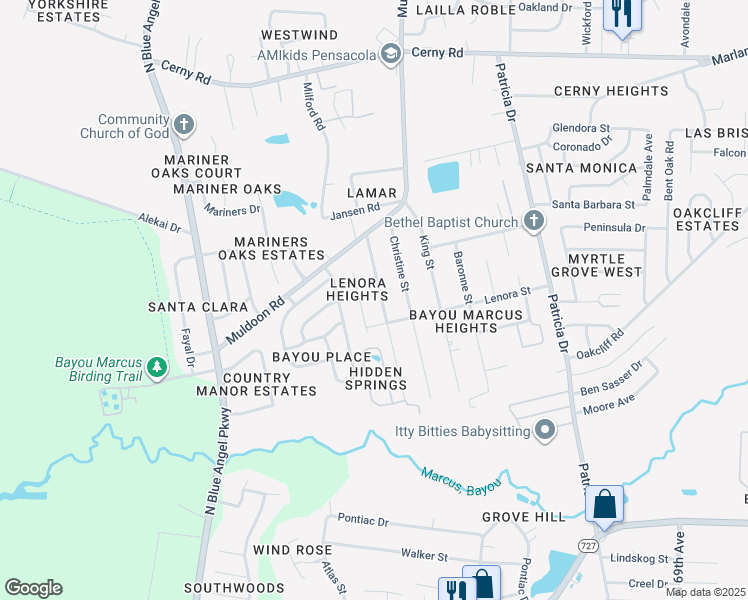 map of restaurants, bars, coffee shops, grocery stores, and more near 3017 Donley Street in Pensacola