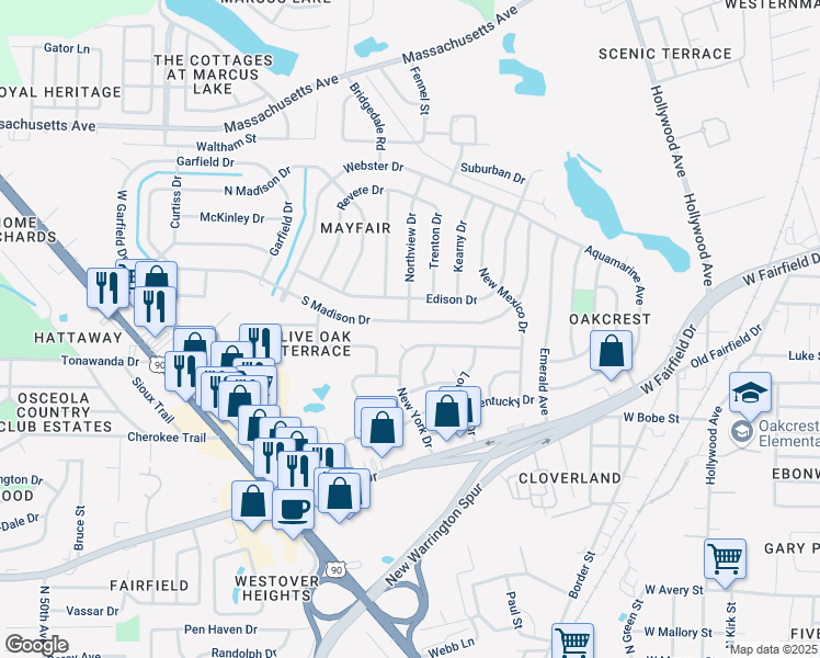 map of restaurants, bars, coffee shops, grocery stores, and more near 901 South Madison Drive in Pensacola