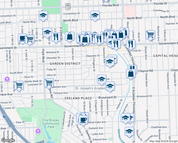 map of restaurants, bars, coffee shops, grocery stores, and more near 2598 Olive Street in Baton Rouge