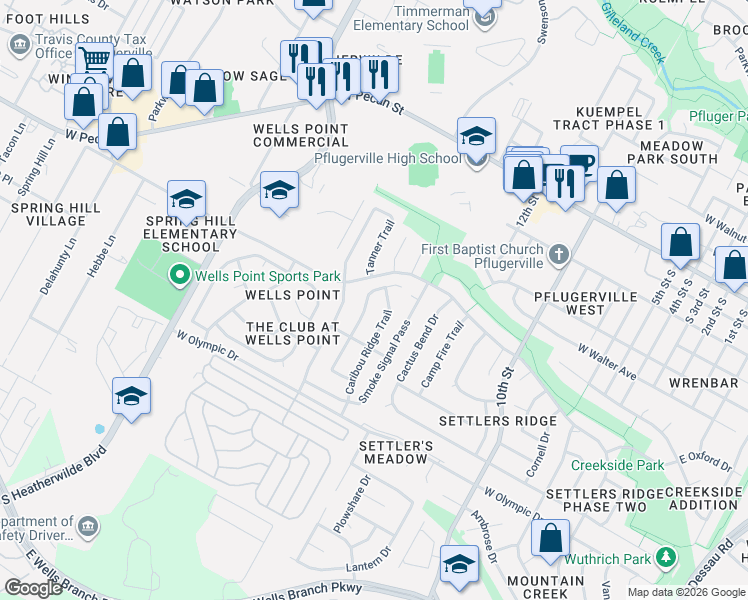 map of restaurants, bars, coffee shops, grocery stores, and more near 701 Caribou Ridge Trail in Pflugerville