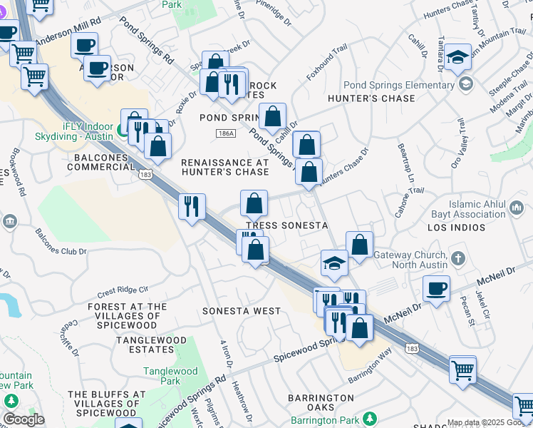 map of restaurants, bars, coffee shops, grocery stores, and more near 12151 Hunters Chase Drive in Austin