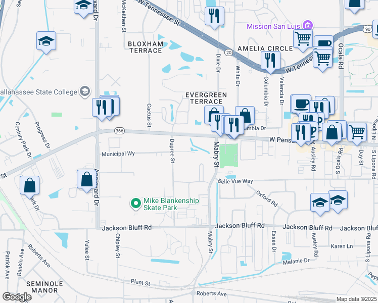 map of restaurants, bars, coffee shops, grocery stores, and more near 2501 Municipal Way in Tallahassee