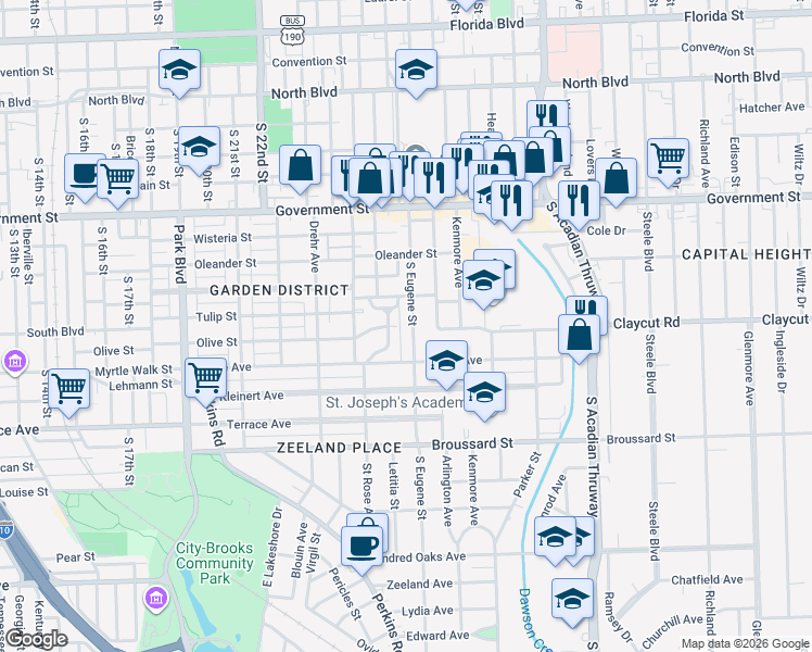 map of restaurants, bars, coffee shops, grocery stores, and more near 915 South Eugene Street in Baton Rouge